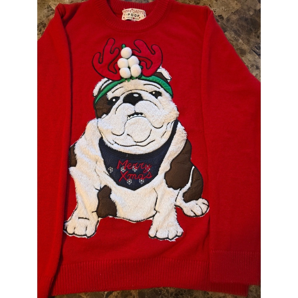 Poof New York Merry Christmas Bulldog Reindeer Antlers Sweater Red Medium